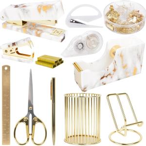 Office Desk Accessories Supplies - 13 Pcs Women Gold Marble Desk Decor Set, Cute Aesthetic Office Essentials Kit, Stapler Tape Dispenser Pen Organizer, Acrylic Mini Teacher Stuff for School Home Work