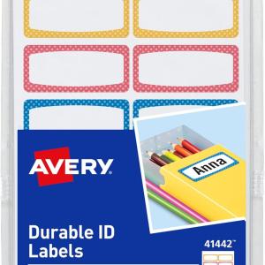 Avery Durable Labels for Kids' Gear, 3/4" x 1-3/4", Assorted Border Colors, Water-Resistant Labels, 60 Total (41442)