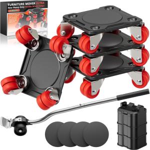 ONEON Furniture Mover Ultra with 8 Wheels – All-New Upgred Heavy Item Moving Tool Double-Wheeled Low-Profile Dolly with Auxiliary Lifter, Full Carbon Steel Panels, Supports up to 1650 lbs