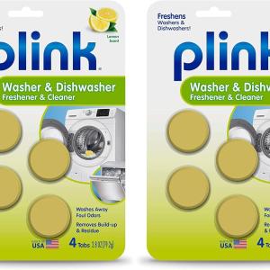 Plink Washer and Dishwasher Freshener and Cleaner, Prevents Residue, Removes Odors in Kitchen and Laundry Room Appliances, Septic-Friendly, Fresh Lemon Scent, 2 Packs of 4 Tablets