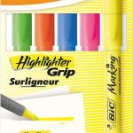 BIC Highlighter Grip, Ribbed Rubber Grip for Extra Comfort, Water-Based Ink, Assorted Colours, Pack of 5