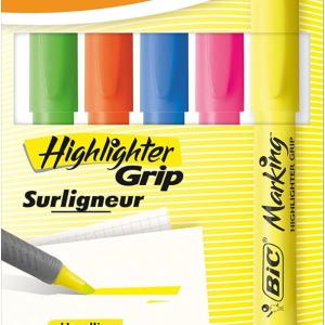 BIC Highlighter Grip, Ribbed Rubber Grip for Extra Comfort, Water-Based Ink, Assorted Colours, Pack of 5