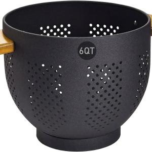 Colander for Kitchen, 6 QT Metal Colander with Wood Handle, Essentials Kitchen Ggets Strainers and Colanders Food Strainer Basket for Draining Pasta Strainer, Vegetable & Fruit, Black