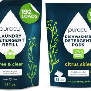Puracy Laundry Detergent Refill - Enzyme-Powered Liquid Detergent Concentrate, (Free & Clear, 192 Los) and Natural Dishwasher Pods - Non Toxic Dishwasher Detergent (Citrus Skies, 18 Los)