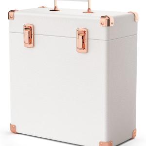 Vinyl Record Storage Box, Waterproof and Dustproof PU Leather Record Crate, Holds 45 LPs with Velvet Lining, Portable Vinyls Records Album Storage Boxes, Metal Corner Durable Vinyl Record Box