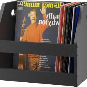 YMYNY Record Storage Holder, Vinyl Album Box Crate with Handle, Book Shelf Desktop Organizer Trapezoidal LP Record for Folders, Books, Photo Albums, Black,14.96*11.42*11.42" UHCD001B