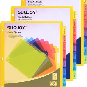 8-Tab Dividers for 3 Ring Binder, 24 Count Binder Dividers with Pockets, Subject Dividers, 3-Hole Plastics Sheets Protectors for US Letter Size in 0.5", 1",2" Binders, Vibrant 8 Color, 3 Packs