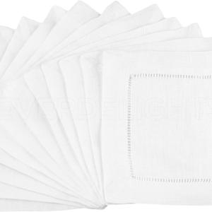 CleverDelights White Hemstitch 6" Cocktail Napkins - 12 Pack - 55/45 Linen Cotton Blend