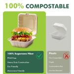 [6x6"-50Pack]100% Compostable To Go Food Containers with Lids, Burger Box Take Out Clamshell Container, Bio Disposable | Eco Friendly | Heavy-Duty Boxes, Me of Sugarcane Fibers