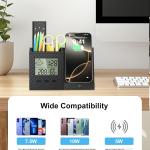 Multifunctional Pen Holder and Organizer for Desk with Wireless Charger, Digital Indoor Thermometer and Humidity Gauge, Home Office Organizers and Storage (Battery Included)