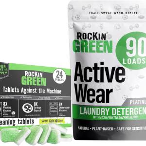 Rockin' Green Laundry Detergent Active Wear 90 Los Unscented (45 Oz) and Washing Machine, Dish Washer and Garbage Disposal Cleaning Tablets (24 Pack) - Natural Laundry Detergent Powder, Odor Fighter