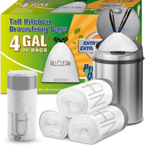 Trash Bags 4 Gallon Small Kitchen Drawstring Bathroom Garbage Bags, Fit 2-4 Gal Bins,Extra Strong&Leak-Proof,Unscented&Recyclable Trash Can Liners for Bathroom Home Office Bedroom Lawn