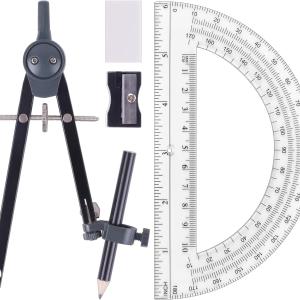 Professional Compass for Geometry Set, Metal Compass with Wheel and Lock for Geometry, Drawing Compass Tool, Circle Drafting Tool, and 6 Inch Math Protractors 180 Degree (Black)