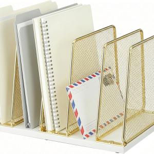 AUPSEN Vinyl Record Holder Storage, 5-Section Vertical File Organizer for Desk, Wooden Desktop File Folder Holder Sorter Storage Rack Stand, Workspace Organizers for Office Supplies, Gold