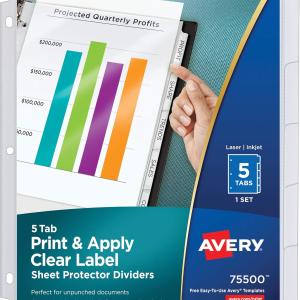 Avery 5-Tab Sheet Protector Dividers, Easy Print & Apply Clear Labels, Index Maker, White Tabs, 1 Set (75500)
