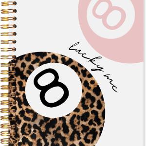 Trendy Leopard Lucky 8 Ball Notebook Journal, Pink Funky Cheetah Print Journal, Preppy Girly Office School Supplies, Aesthetic Billiards Spiral Notebook, 5.5x8.3