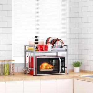 PUSDON Extendable Microwave Oven Rack, justable Microwave/Toaster Shelf Heavy Duty Stand Kitchen Counter Top Organizer, 2 Tier with 3 Hooks, 160lbs Weight Capacity, Silver Grey