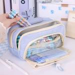 Large Pencil Pouch Big Pencil Case Big Capacity Aesthetic Pen Cosmetic Bag Pen Stationery Organizer Simple, College Office Home Travel Storage Bag (Blue)