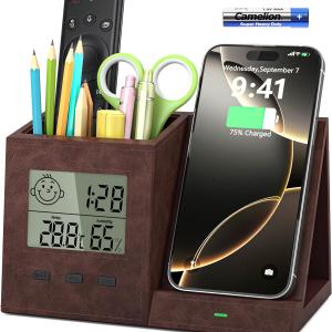 Multifunctional Pen Holder and Organizer for Desk with Wireless Charger, Digital Indoor Thermometer and Humidity Gauge, Home Office Organizers and Storage (Battery Included)