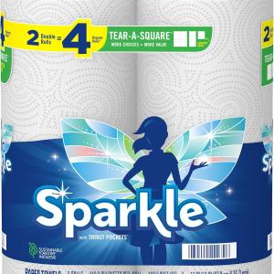 Sparkle Tear-A-Square Paper Towels, 2 Double Rolls (220 Sheets Total) - Strong 2-Ply Towels for Kitchen Cleanup and Everyday Messes