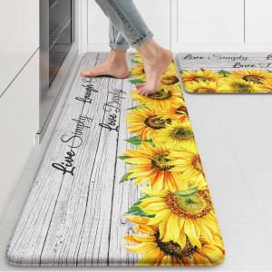 KIMODE Anti Fatigue Kitchen Mat, Farmhouse Sunflower Kitchen Rugs Sets of 2, Kitchen Floor Mats Non-Slip Cushioned, Comfort Kitchen Mats for Floor Sink, Laundry, Desk White 17"x47"+17"x29"