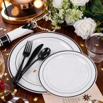 WELLIFE 210Pcs Black Plastic Dinnerware with Pre Rolled Napkins, Include:30 Dinner Plates, 30 Dessert Plates, 30 Paper Napkins, 30 Cups, 90 Plastic Cutlery