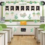 Whaline 29 Pieces Eucalyptus Bulletin Board Set Welcome Banner Simply Boho Bulletin Board Decor Boho Greenery Calendar Cutout Decorations for Back to School Classroom Teacher Supply