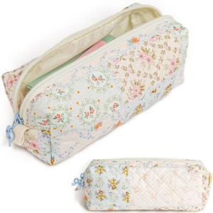 Cute Quilted Pencil Case for Girls Women, Aesthetic Small Floral Pencil Pouch,Slim Soft Pencil Bag for School Supplies Makeup Pouch for School & Daily Use (blue pin)