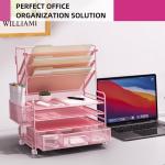 4-Tier Paper Organizer + 3-Pocket File Holder + Drawer + Pen Holders, Desktop File Organizers Paper Tray for Office Supplies School Classroom Organization (Pink, with Drawer & Pen Holder)
