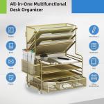 4-Tier Paper Organizer + 3-Pocket File Holder + Drawer + Pen Holders, Desktop File Organizers Paper Tray for Office Supplies School Classroom Organization (Gold, with Drawer & Pen Holder)