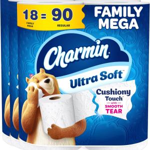 Charmin Ultra Soft Cushiony Touch Toilet Paper, 18 Family Mega Rolls = 90 Regular Rolls