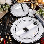 WELLIFE 210Pcs Black Plastic Dinnerware with Pre Rolled Napkins, Include:30 Dinner Plates, 30 Dessert Plates, 30 Paper Napkins, 30 Cups, 90 Plastic Cutlery