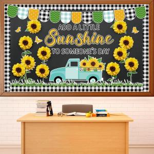 Summer Sunflower Truck Bulletin Board Decorations with 3D Tissue Paper Pompoms Sunflower Themed Plaid Borders Yellow Spring Sunflower Cutouts Back to School Teacher Supplies School Office Wall Decor