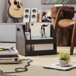 YMYNY Record Storage Holder, Vinyl Album Box Crate with Handle, Book Shelf Desktop Organizer Trapezoidal LP Record for Folders, Books, Photo Albums, Black,14.96*11.42*11.42" UHCD001B