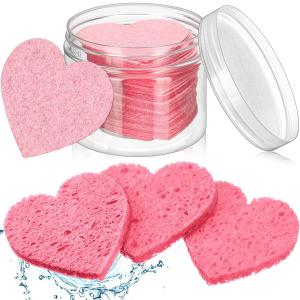 Nuenen 60 Pieces Facial Sponges with Container, Heart Shape Compressed Face Sponges Natural Cleaning Ps for Washing Face Cleaning Exfoliating Esthetician Makeup Removal(Pink)
