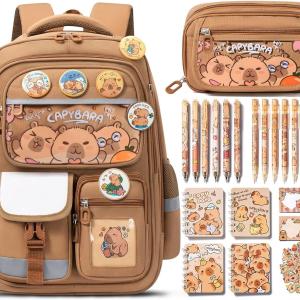 Fimibuke Capybara Backpack for School Girls, 28PCS Capybara Toddler School Supplies Stationery Set with Bookbag Pencil Case Pens Pencils Notebook Christmas Gifts for Kindergarten Elementary Student
