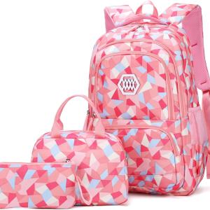 3Pcs Geometric Print Kids Backpack Set for Girls with Lunchbox, Capacity Elementary Middle School Bag Girls Backpack and Lunchbox Set