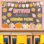 JarThenaAMCS 78Pcs Fall Thanksgiving Classroom Bulletin Board Decorations Pink Orange Pumpkin Maple Leaf Cutouts for Autumn Harvest Party Supplies School Chalkboard Wall Decor