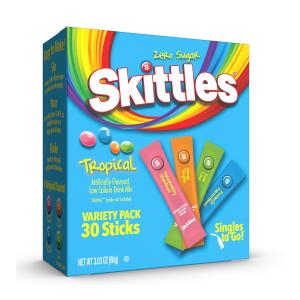 SINGLES TO GO! Skittles Singles To Go Tropical Flavors Variety Pack, Powdered Drink Mix, Strawberry Starfruit, Mango Tangelo, Kiwi Lime, Pineapple Passionfruit, 1 Box (30 Single Servings)
