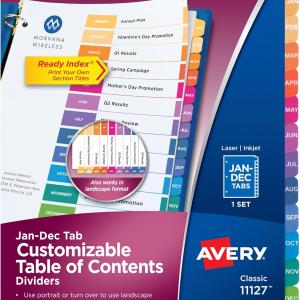 Avery Jan-Dec Dividers for 3 Ring Binders, 12 Tabs per Set, Customizable Table of Contents, Multicolor Tabs, Great for Organizing Reports, Projects, and More (11127)