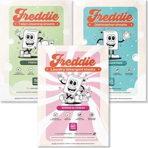 Freddie Essentials 1x Bundle: 1 Pack of Spring Blossom Laundry Sheeets plus 1 pack each of Toilet Cleaning Sheets, Dishwashing Sheets