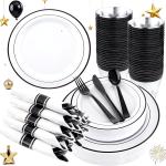 WELLIFE 210Pcs Black Plastic Dinnerware with Pre Rolled Napkins, Include:30 Dinner Plates, 30 Dessert Plates, 30 Paper Napkins, 30 Cups, 90 Plastic Cutlery