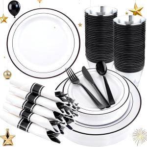 WELLIFE 210Pcs Black Plastic Dinnerware with Pre Rolled Napkins, Include:30 Dinner Plates, 30 Dessert Plates, 30 Paper Napkins, 30 Cups, 90 Plastic Cutlery