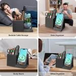 TopMe Wireless Charger with Pen Pencil Holder, Leather Mltifunctional Desk Nightstand Organizer, Fast Charging Station Remote Control Holder, Office Supplies Desk Accessories, Gifts for Men(Black)