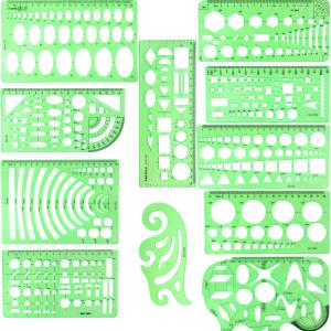 11PCS Geometric Drawings Templates, Drafting Stencils Measuring Tools, BetyBedy Plastic Clear Green Ruler Shapes with a Zipper Bags for Architecture, Office, Studying, Designing and Building