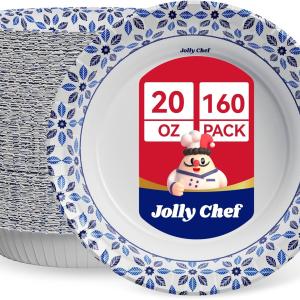 JOLLY CHEF 160 Count Paper Bowls 20 oz Soak Proof, Heavy Duty Printed Disposable Bowls Bulk for Dinner or Lunch
