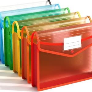 ABC life 6 Pack Plastic Expanding File Folder, Folders for Documents with Snap Closure, Colorful File Folder Organizer Holder, Transparent Accordion File Pouch,Large Capacity, Fit Letter/A4 Size
