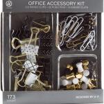 U Brands Office Accessory Kit, Office Supplies, Black and White with Gold, Push Pins, Paper and Binder Clips, 173 Count