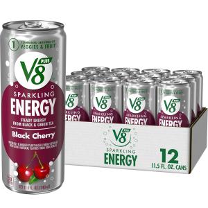 V8 +Energy Sparkling Black Cherry Juice Energy Drink, 11.5 fl oz Can (12 Pack)
