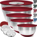 Priority Chef Stainless Steel Mixing Bowls with Lids Set, 3 Grater Attachments, Airtight Lids, Non-Slip Silicone Base Mixing Bowl Set, Large Prep Metal Mixing Bowls for Kitchen, Red